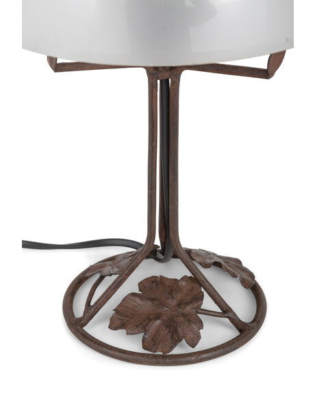 Wrought iron table lamp, glass shade