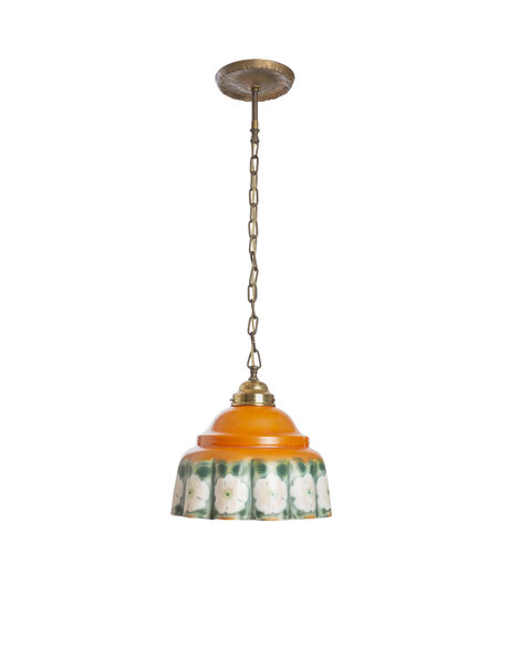 Old glass hanging lamp, orange with green