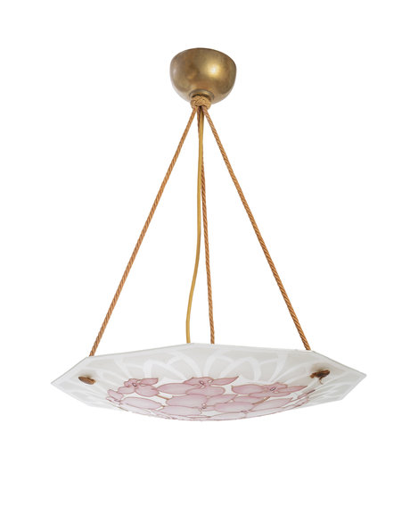 Jaren 30 hanglamp, matglazen schaal met roze email, Art Deco