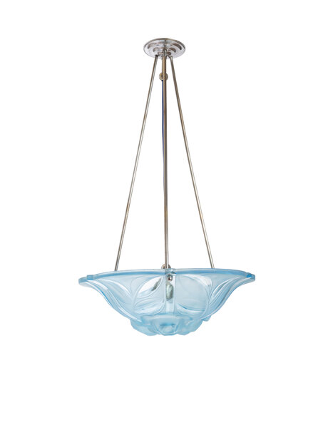 Hanging lamp Art Deco, blue glass bowl