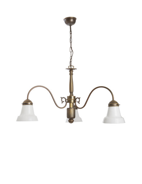 Brownish brass hanging lamp, 3 white glass shades
