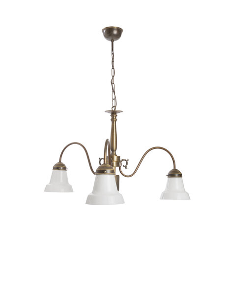 Brownish brass hanging lamp, 3 white glass shades