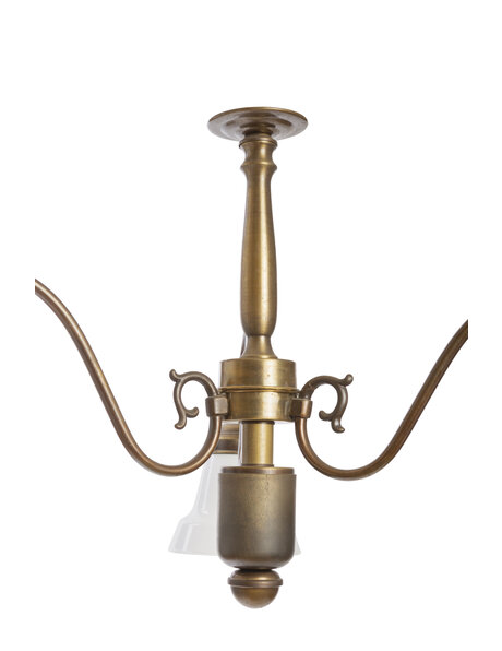 Brownish brass hanging lamp, 3 white glass shades