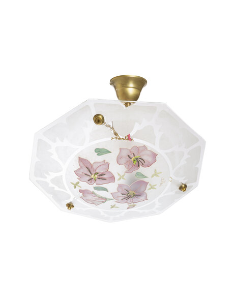 Klassieke hanglamp, roze bloemen, gesigneerd glas: Jurys