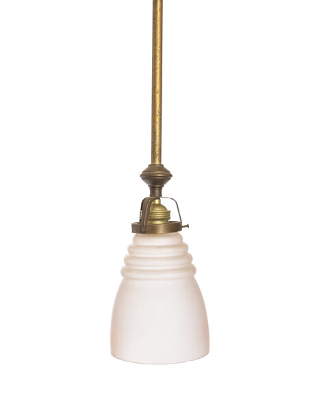 Koperen pendel lamp met roze glas