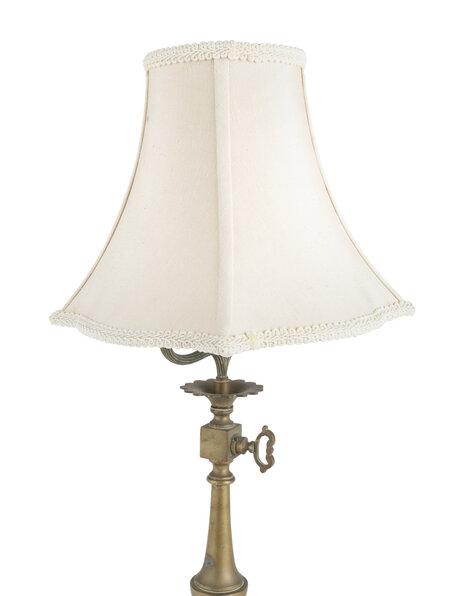 Old table lamp, copper base with fabric shade