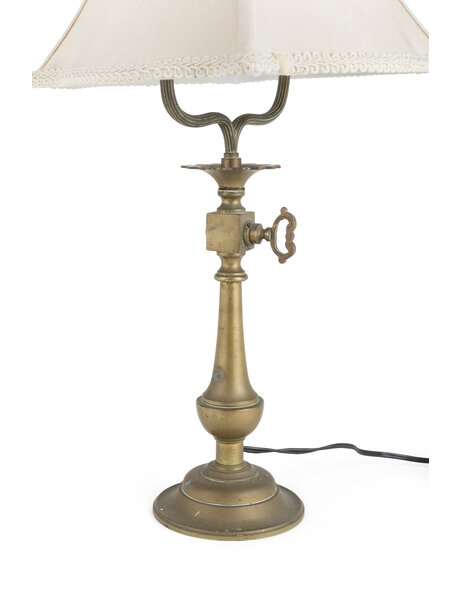 Old table lamp, copper base with fabric shade