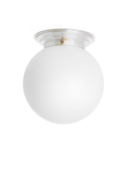 Industrial Ceiling Lamp, White Glass Ball, 1940s