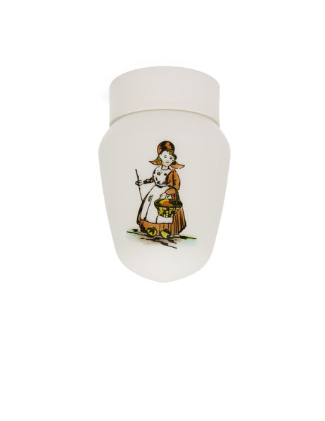 Old ceiling lamp, farmer and farmer's wife on white glass