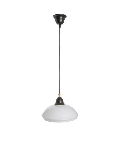 White hanging lamp, glass shade on wire