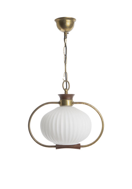 Fraaie Jaren 50 Hanglamp, Geribbelde Wit Glazen Kap