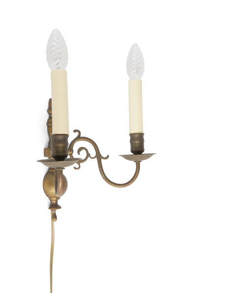 Classic wall lamp, 2 candles on brown brass fixture