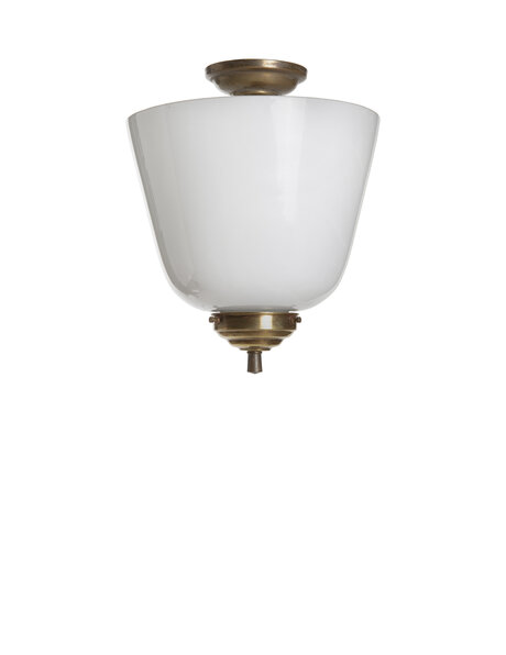 Vintage hanglamp, wit glas in koperen houder