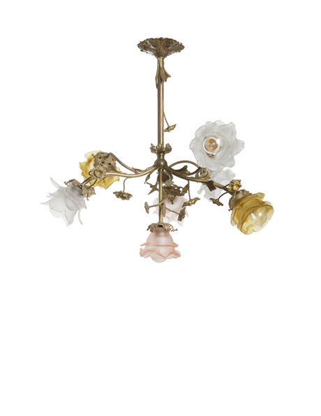 Hanging lamp, classic, playful brass with glass roses
