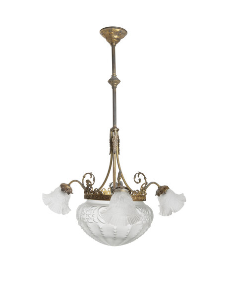 Classic chandelier, frosted glass on brass