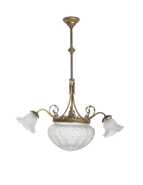 Classic chandelier, frosted glass on brass