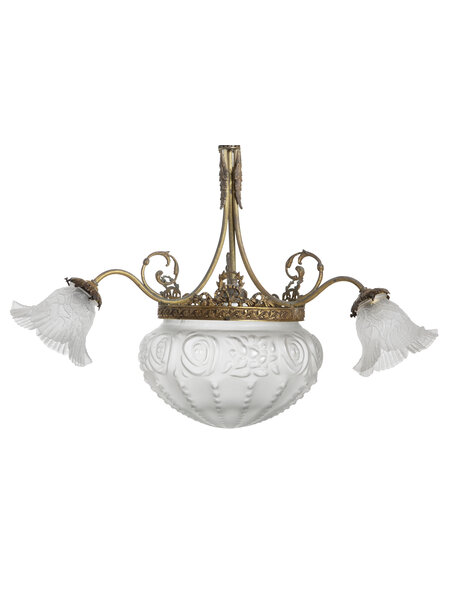 Classic chandelier, frosted glass on brass