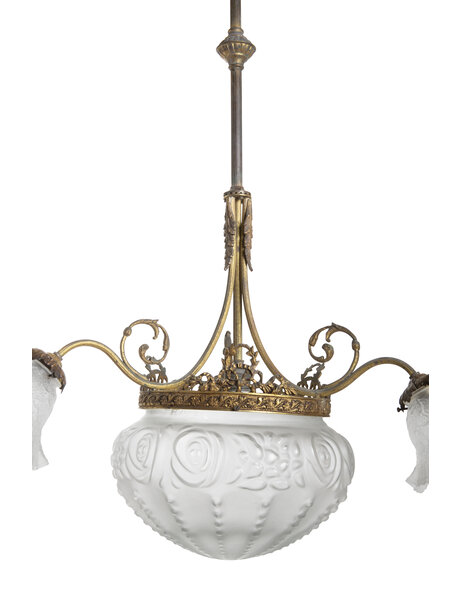 Classic chandelier, frosted glass on brass