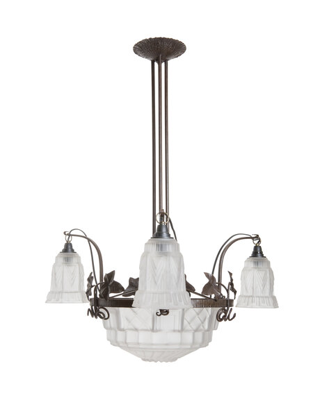 Art Deco hanglamp, smeedijzer met strak mat glas