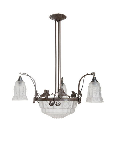 Art Deco hanglamp, smeedijzer met strak mat glas
