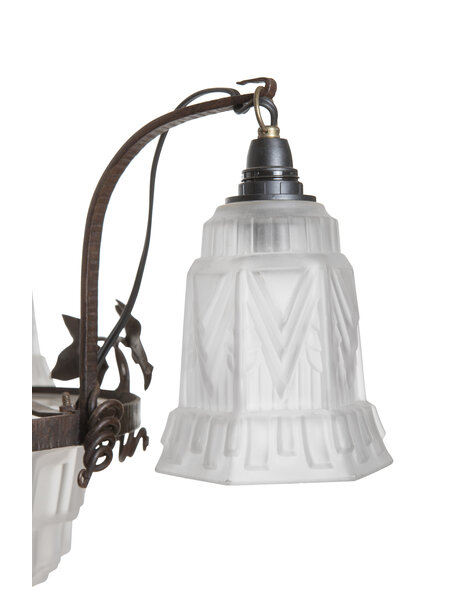 Art Deco hanglamp, smeedijzer met strak mat glas