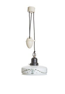 Glass Hanging Lamp, White-Green Shade on Pendant, ca. 1930