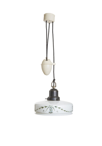 Glass Hanging Lamp, White-Green Shade on Pendant, ca. 1930