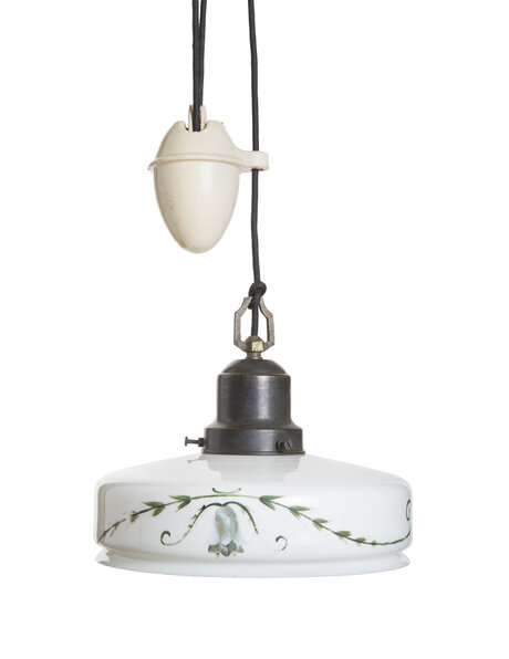 White glass hanging lamp with green decoration