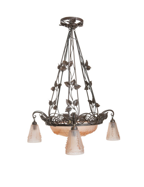 hanging lamp, classic, pink glass on wrought iron