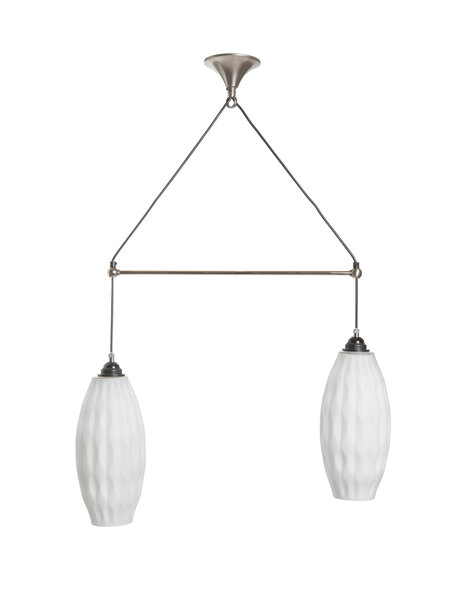 Design hanglamp, twee wit glazen kappen