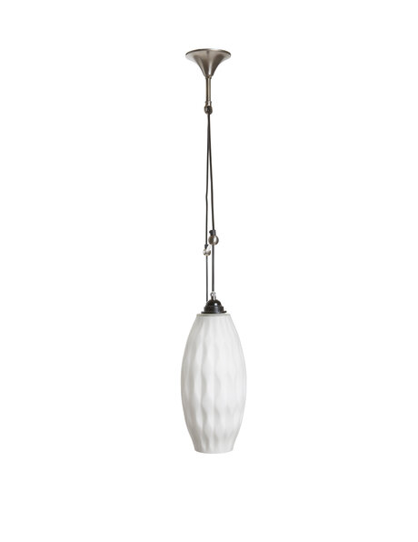 Design hanglamp, twee wit glazen kappen