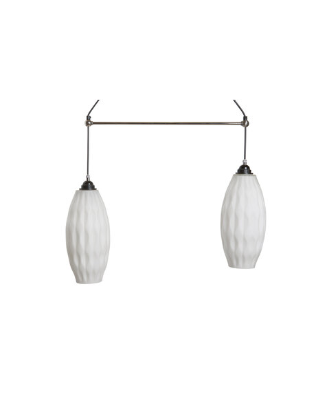 Design hanging lamp, two white glass shades