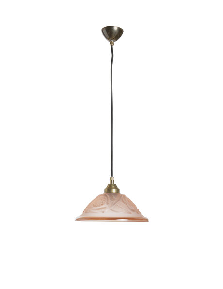 Pink hanging lamp, pressed glass, flowers on shade