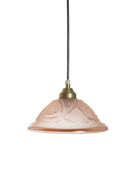 Pink hanging lamp, pressed glass, flowers on shade