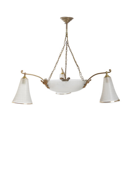 Jaren 50 Hanglamp, Glazen Schaal met  3 Kapjes