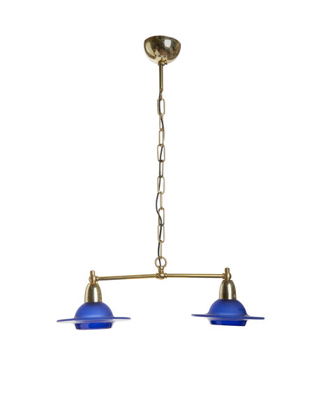 Dining table hanging lamp, two blue glass shades