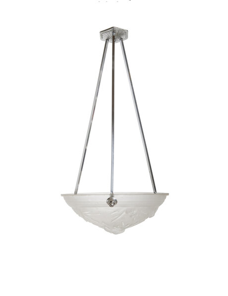 hanging lamp, signed, frosted pressed glass