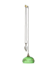Hanging Lamp on Porcelain Pull Pendant, Green Glass