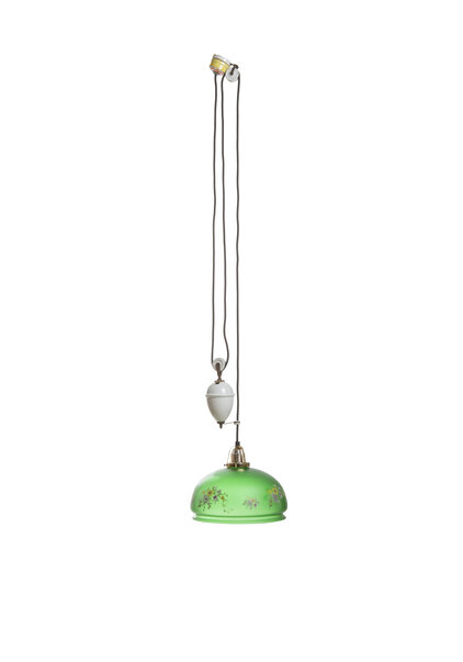 Hanging Lamp on Porcelain Pull Pendant, Green Glass