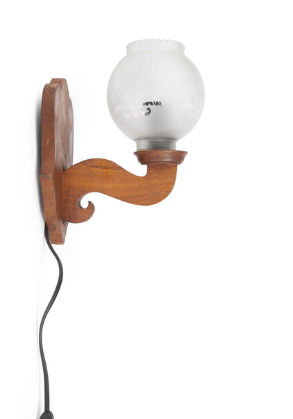 Vintage Wandlamp, Houten Armatuur, Glazen Kapje