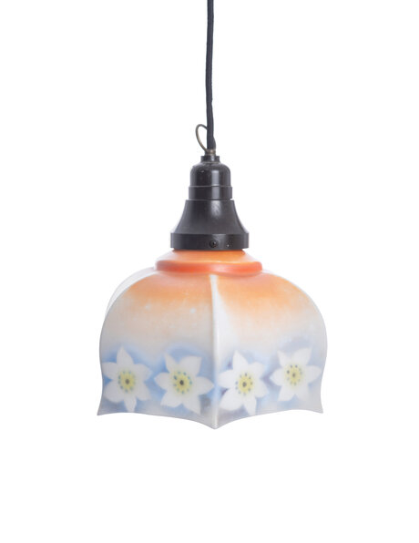 Hanglamp klassiek, oranje-blauw met bloemenrand