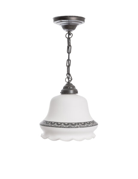 Landelijke hanglamp, witte lampenkap met sierrand