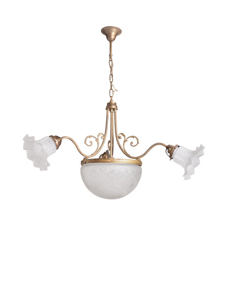 Messing hanglamp met geslepen glazen kap