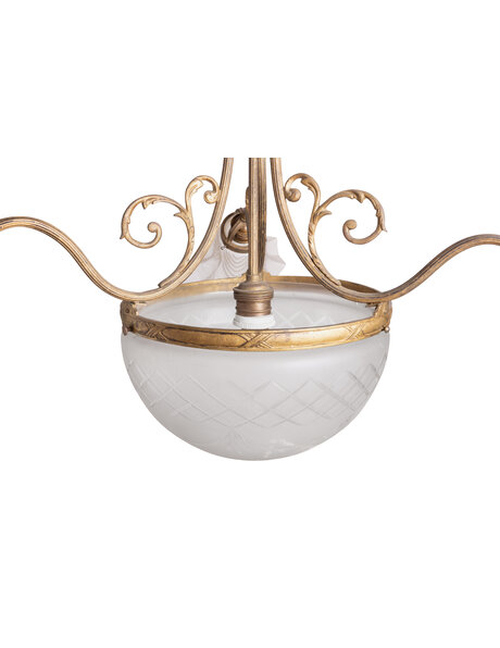 Messing hanglamp met geslepen glazen kap