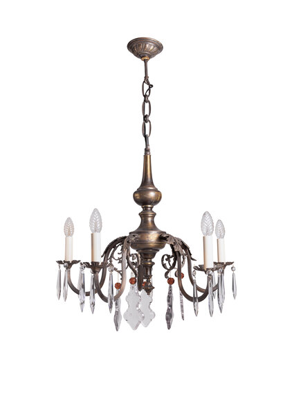 Old Chandelier, Burnished Brass with Glass, 5 arms