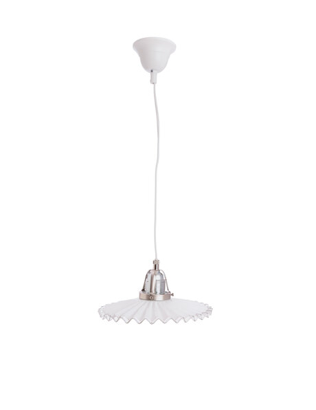 White hanging lamp, serrated flat white shade