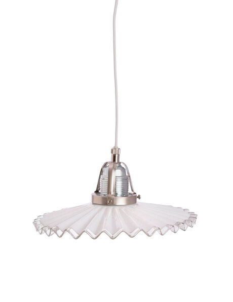 White hanging lamp, serrated flat white shade