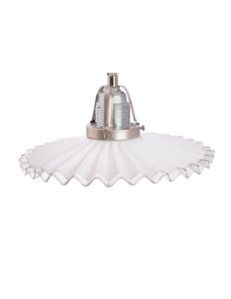 White hanging lamp, serrated flat white shade