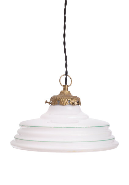 Opal Glass Pendant Lamp with Green Rim, 1930s
