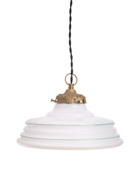 Flat white glass pendant lamp, green rings